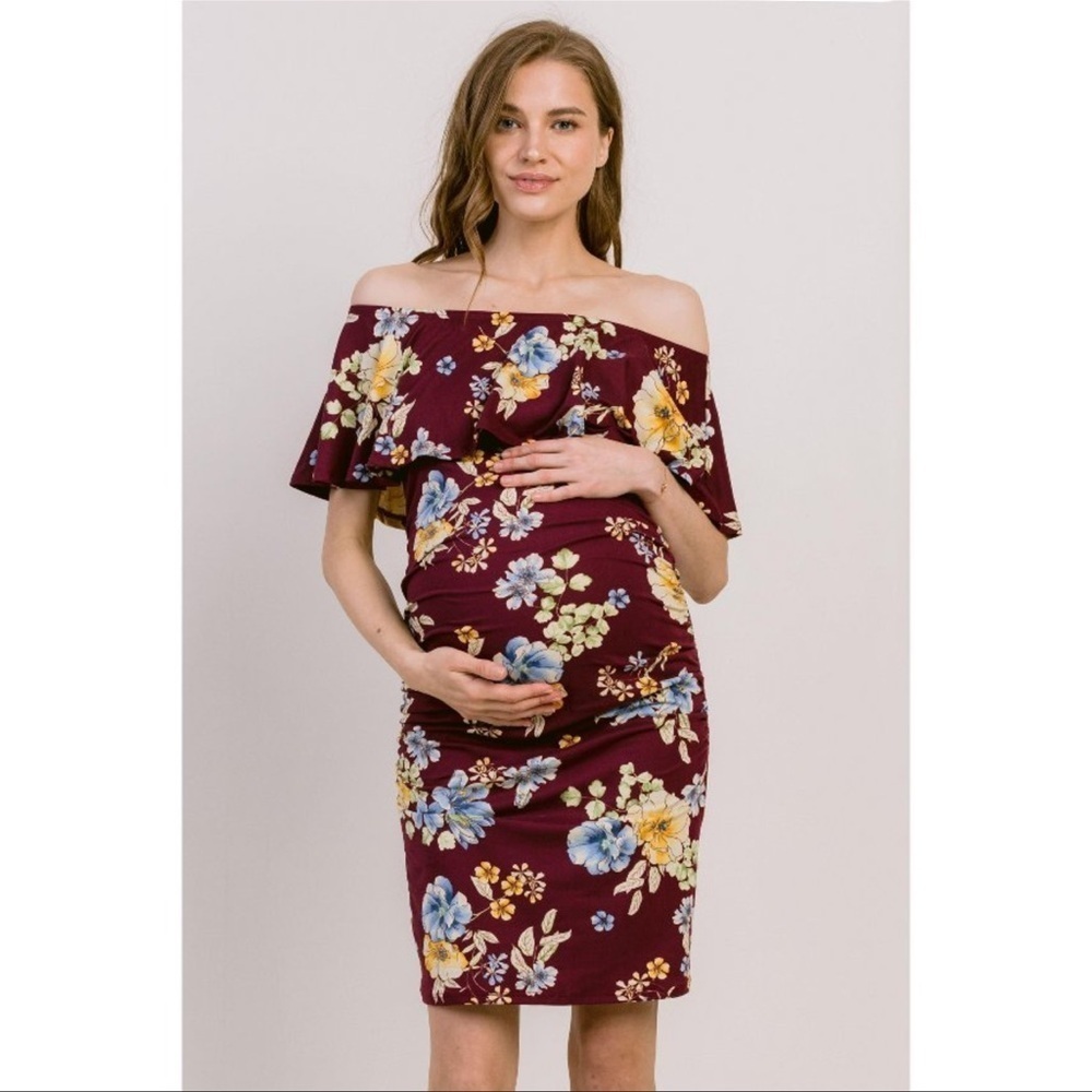 Hello Miz Burgundy Floral Off The Shoulder Ruffle Maternity Dress Small